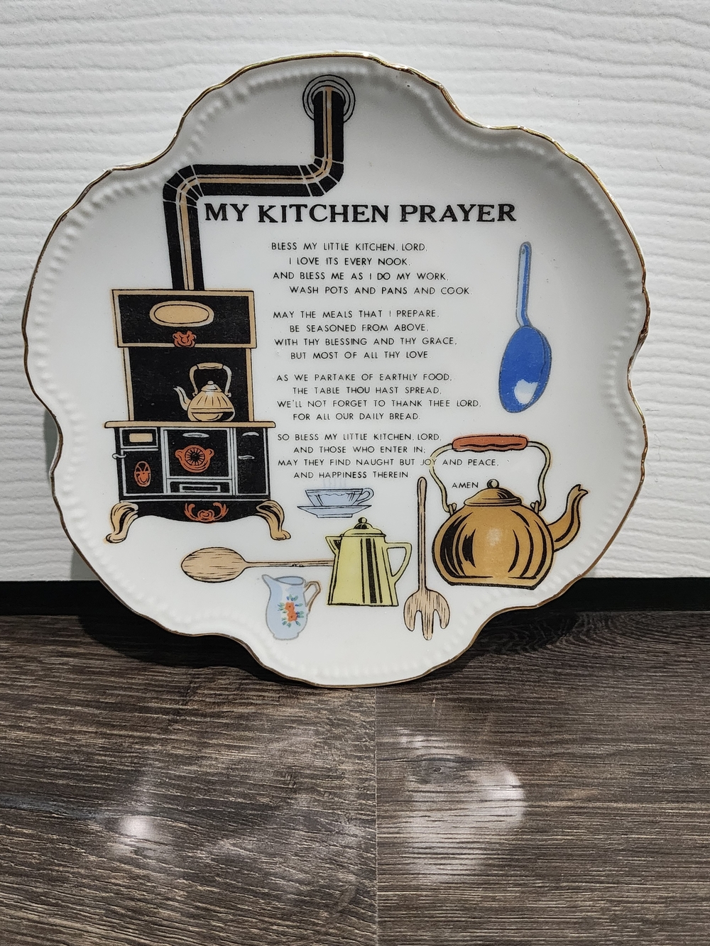 My Kitchen Prayer Decorative Ceramic Plate - White with Black & Gold Accents